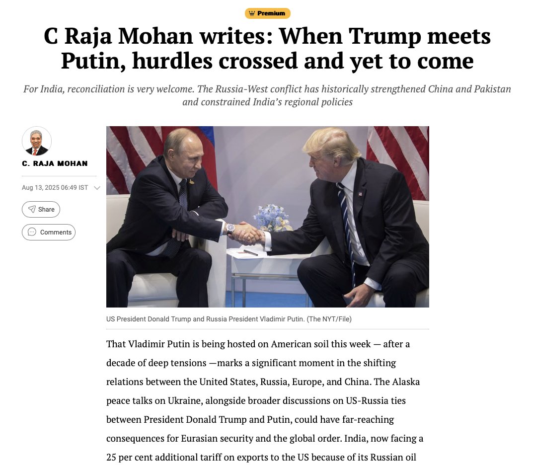 CSDR (@csdr_india) on Twitter photo On the upcoming Trump-Putin Alaska meeting, <a href="/MohanCRaja/">C. Raja Mohan</a> argues in <a href="/IndianExpress/">The Indian Express</a>, "For India, reconciliation is very welcome. The Russia-West conflict has historically strengthened China and Pakistan and constrained India’s regional policies."
Link - indianexpress.com/article/opinio… On the upcoming Trump-Putin Alaska meeting, <a href="/MohanCRaja/">C. Raja Mohan</a> argues in <a href="/IndianExpress/">The Indian Express</a>, "For India, reconciliation is very welcome. The Russia-West conflict has historically strengthened China and Pakistan and constrained India’s regional policies."
Link - indianexpress.com/article/opinio…
