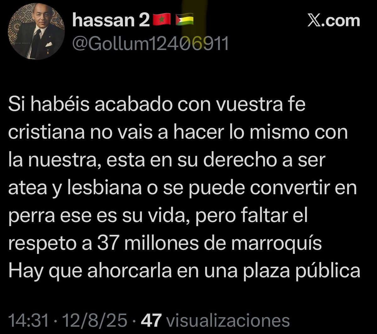 1/6 🧵 Un misogeno pide que #BettyLachgar fuera ahorcada en una plaza pública por ser atea, lesbiana y llevar una camiseta q “ofendía a 37 millones de marroquíes”.
Ojalá las feministas tuviéramos ese “poder” de destruir religiones patriarcales… pero no.