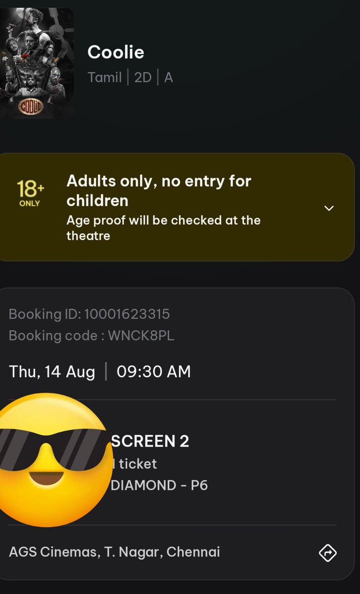 sharan02112002's tweet photo. 1 tic is available for #CoolieFDFS 
At Ags Tnagar.
Show details : 9:30 am
Date : Aug 14
DM for ticket.
#CoolieUnleashed #CoolieThePowerHouse #CoolieFromAug14 #CoolieBookings
#Rajinikanth𓃵 #LokeshKanagaraj https://t.co/JOhmwqo7Tl