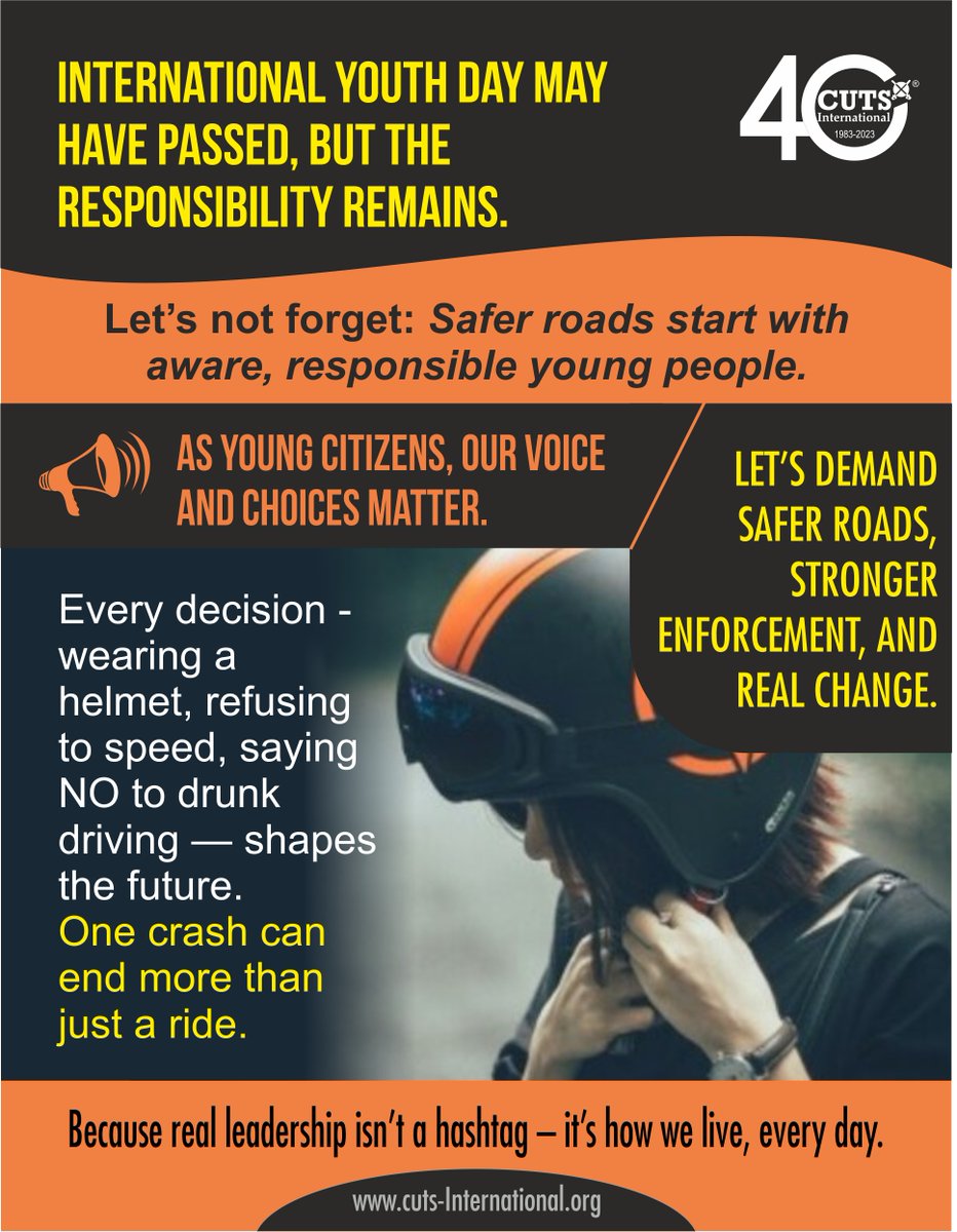 CUTS CART (@cuts_cart) on Twitter photo From International Youth Day to everyday, safety starts with us - wear helmets, follow speed limits, and drive responsibly.
<a href="/MORTHIndia/">MORTHINDIA</a> <a href="/RajGovOfficial/">Government of Rajasthan</a>, <a href="/RSRTC_OFFICIAL/">RSRTC Raj.</a> <a href="/grspartnership/">Global Road Safety Partnership</a> <a href="/RoadSafetyNetwk/">Road Safety</a> <a href="/WHO/">World Health Organization (WHO)</a> <a href="/RajGovOfficial/">Government of Rajasthan</a> <a href="/RoadSafetyNGOs/">Road Safety Alliance</a> <a href="/kalita_mp/">Bhubaneswar Kalita MP</a> <a href="/nitin_gadkari/">Nitin Gadkari</a> From International Youth Day to everyday, safety starts with us - wear helmets, follow speed limits, and drive responsibly.
<a href="/MORTHIndia/">MORTHINDIA</a> <a href="/RajGovOfficial/">Government of Rajasthan</a>, <a href="/RSRTC_OFFICIAL/">RSRTC Raj.</a> <a href="/grspartnership/">Global Road Safety Partnership</a> <a href="/RoadSafetyNetwk/">Road Safety</a> <a href="/WHO/">World Health Organization (WHO)</a> <a href="/RajGovOfficial/">Government of Rajasthan</a> <a href="/RoadSafetyNGOs/">Road Safety Alliance</a> <a href="/kalita_mp/">Bhubaneswar Kalita MP</a> <a href="/nitin_gadkari/">Nitin Gadkari</a>