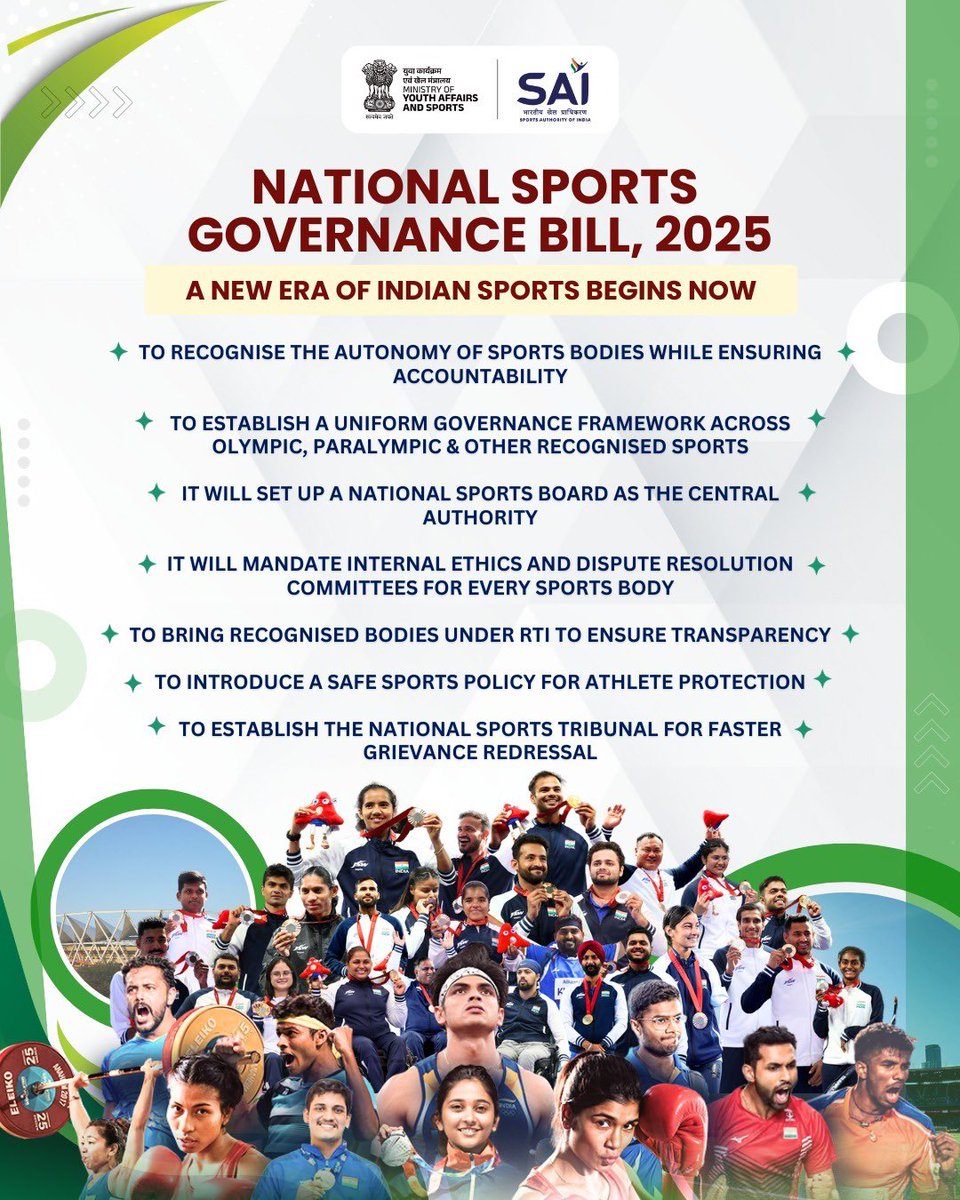 SAI_Gandhinagar's tweet photo. It is a matter of great pride that the #SportsBill2025 has been passed by both Houses of Parliament. With a strong legal framework, Safe Sports Policy, transparent grievance redressal &amp; equal opportunities, it ensures safety, dignity &amp; progress for women &amp; para-athletes. https://t.co/YVIgzBRyVo