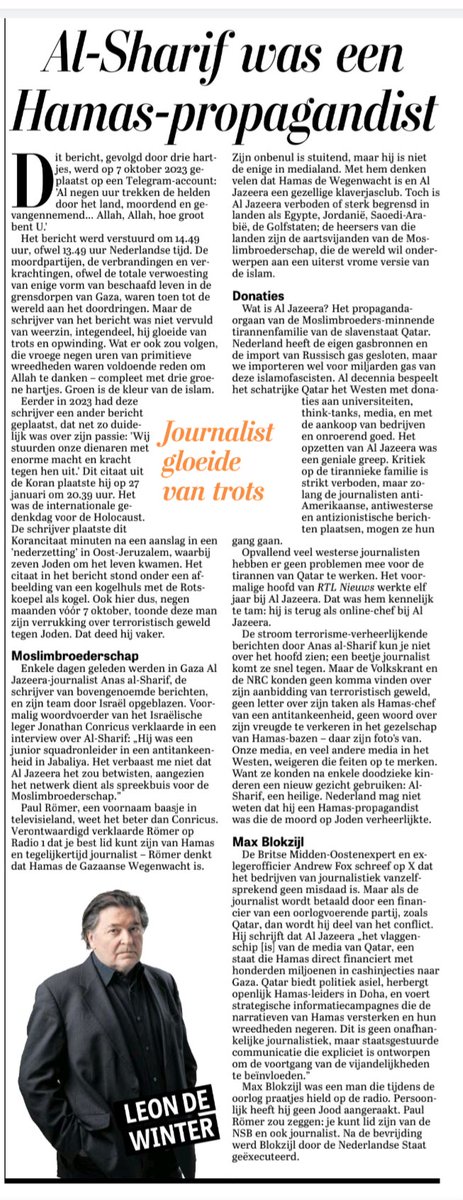 rkemp59's tweet photo. Goed stuk van Leon de Winter: 
Nederland mag niet weten dat Al-Sharif  een Hamas-propagandist was die de moord op Joden verheerlijkte

Bravo @leondewinter 👏 https://t.co/GJa3xVSKlg