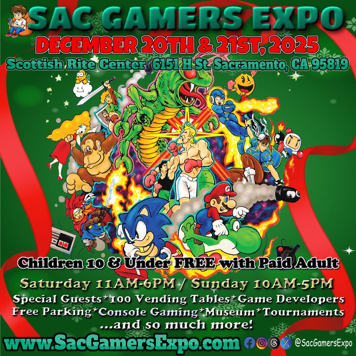 sacgamersexpo's tweet image. Save the Date! December 20th &amp;amp; 21st 2025!

Special guests, game vendors &amp;amp; artists, game developers, tournaments, free to play games, &amp;amp; so much more! Sac Gamers Expo, the best gaming event in NorCal 11 years running!

Guest announcements start in September!

#conventions #retro