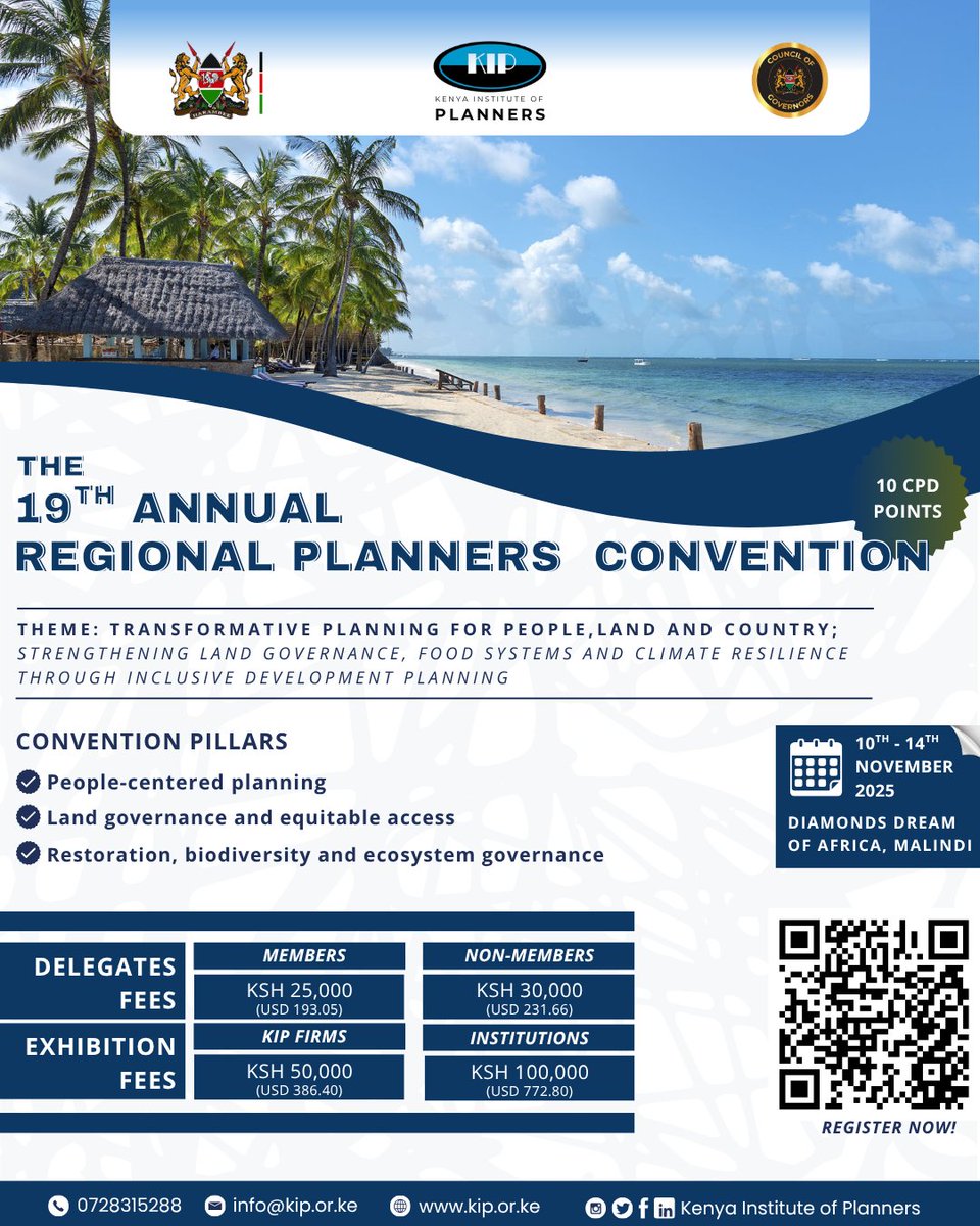 PLANNINGKe's tweet photo. ๐ Save the Date!
Join us in Malindi, 10โ14 Nov 2025 for the 19th Annual Regional Planners Convention on Transformative Planning for People, Land & Country.
Convention details & Registration: https://t.co/Mwz9up8FgB
#KIP #19thAPC #EastAfrica https://t.co/vT2l2boIuW