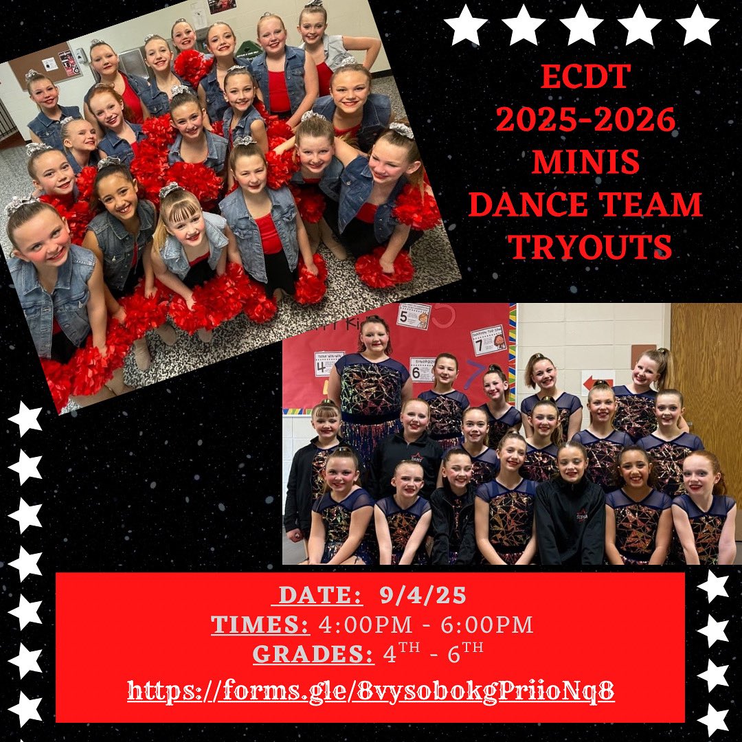 Who is ready to dance???? We are excited to get the East Central Dance Team Minis (grades 4-6) started for the 2025-2026 dance season. ❤️🖤🤍 please use the link below for additional information and to sign up for tryouts.

Tryout Link: forms.gle/8vysobokgPriio…