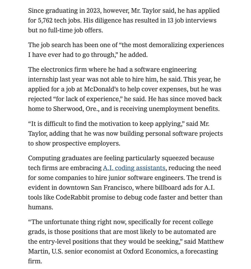 "The unfortunate thing right now, specifically for recent college grads, is those positions that are most likely to be automated are the entry-level positions that they would be seeking."

nytimes.com/2025/08/10/tec…