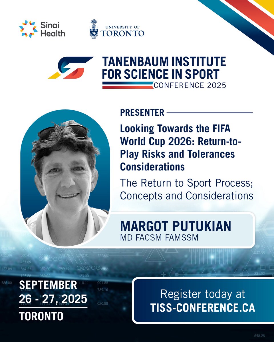 uoft_tiss's tweet photo. What’s on at #TISSCon25? @uoftmedicine &amp; @sunnybrook’s David Wasserstein, @FemaleAthConf Kathryn Ackerman on PEDs, @MLS’s Margot Putukian + @Raptors’s Alex McKechnie on return-to-play and more! Early bird ends Aug 15! Visit https://t.co/pXXuEnuSjR to register! https://t.co/E8wP4L9otf
