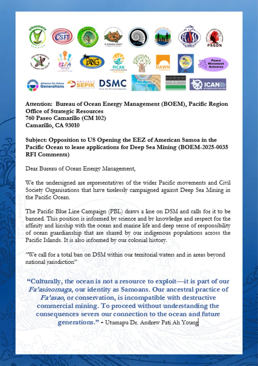 In a submission to the U.S. Bureau of Ocean Energy Management (BOEM), Pacific CSOs stand in solidarity with the people of American Samoa to defend and safeguard our ocean, for this generation and the next

Read the Read the full submission here: pacificblueline.org/post/pacific-c…