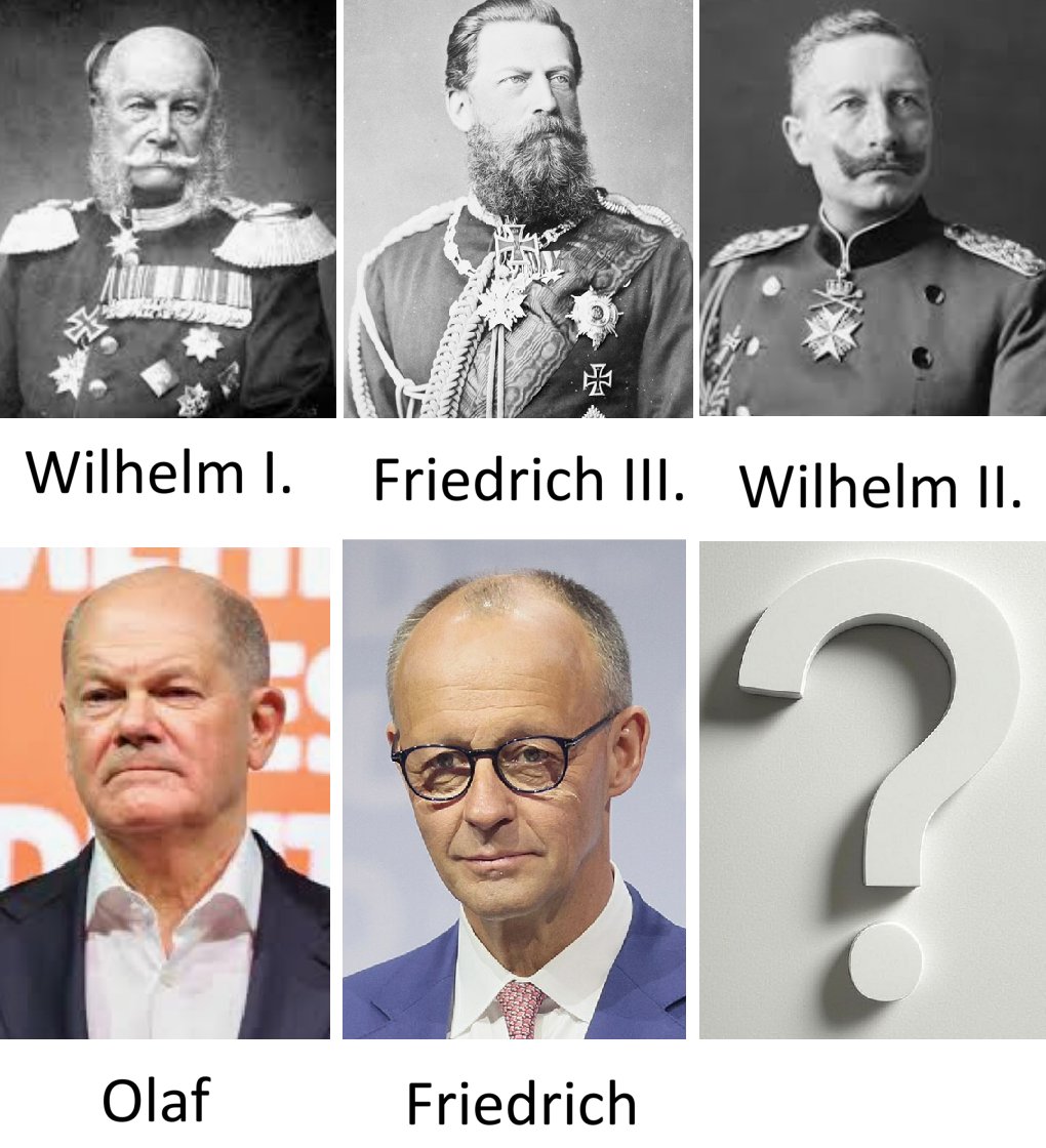 Dreikanzlerjahr?
1888 war das Dreikaiserjahr, weil zwei Kaiser kurz nacheinander verstarben. Könnte 2025 ein Dreikanzlerjahr werden, erneut mit einem Friedrich in der Mitte? Wer wäre sein Nachfolger?

Hintergrund: Beginnend mit Mega-Schulden, dem gebrochenen Versprechen einer