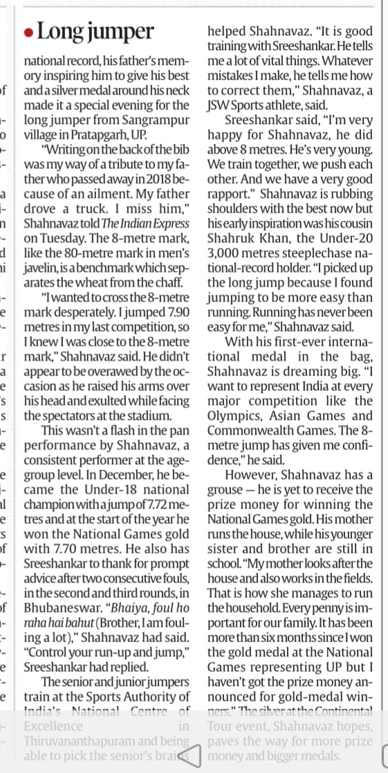 Shahnavaz wrote in his bib before the tournament that he will jump 8+ before the Indian Open and he stayed true to his words.

First page feature on India's latest entrant to 8m club in long jump, Shahnavaz Khan.

I write for <a href="/IExpressSports/">Express Sports</a>

Read here: shorturl.at/dowP9