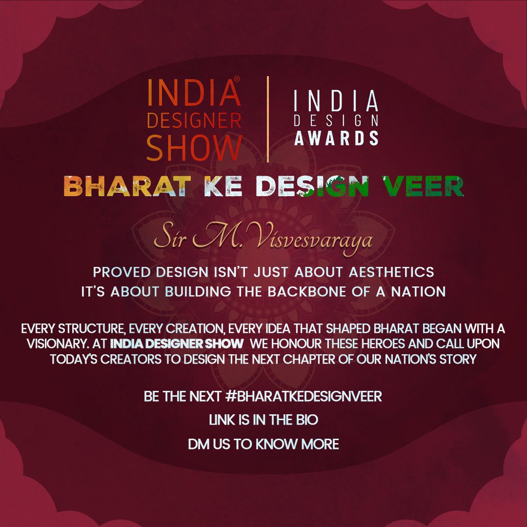 Indiadesignshow's tweet photo. Celebrating Visionaries Who Built Our Nation 🇮🇳

This #BharatKeDesignVeer, we honour Sir M. Visvesvaraya, the legendary engineer, statesman, and architect of India’s early infrastructure. 
#IndiaDesignerShow #DesignHeroes #InspireIndia #Visvesvaraya #IndependenceDay https://t.co/bXlVcjNzFO