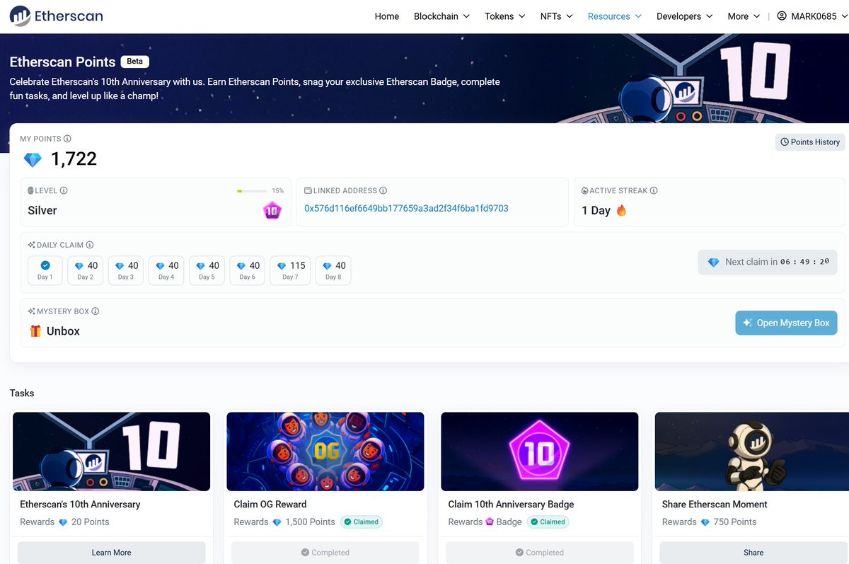 Cryptomadness (@cryptomad2025) on Twitter photo Celebrating 10 Years of <a href="/etherscan/">etherscan.eth</a> 🎉
From my first on-chain lookup to leveling up to Silver with 1,722 points - every click has been a step in my crypto journey 🚀
#10YearsOfEtherscan Celebrating 10 Years of <a href="/etherscan/">etherscan.eth</a> 🎉
From my first on-chain lookup to leveling up to Silver with 1,722 points - every click has been a step in my crypto journey 🚀
#10YearsOfEtherscan