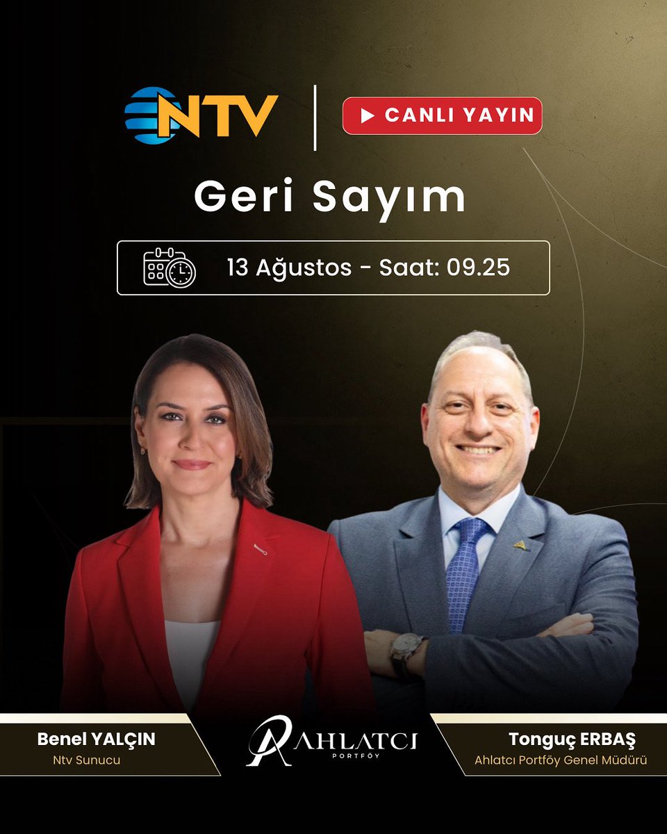 Ahlatcı Portföy Genel Müdürü Tonguç Erbaş, bugün saat 09.25’te NTV'de Benel Yalçın’ın sunduğu ‘’Geri Sayım’’ programına canlı yayın konuğu olarak katılacak.

<a href="/Tongucerbas/">Tonguç Erbaş📚🎯🏆</a> <a href="/ntv/">NTV</a> 

#AhlatcıPortföy