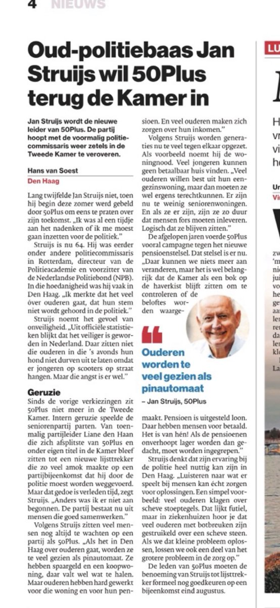 Jan hoefde niet lang na te  denken toen ik hem vroeg lijsttrekker van 50PLUS te worden
Jan komt van de politie en weet wat er moet gebeuren 

Als nieuwe leider van 50PLUS gaat hij doen wat hij kan om U weer een veilig gevoel te geven 

⁦<a href="/ADnl/">AD.nl</a>⁩ ⁦<a href="/NUnl/">NU.nl</a>⁩ ⁦<a href="/NOS/">NOS</a>⁩(1)