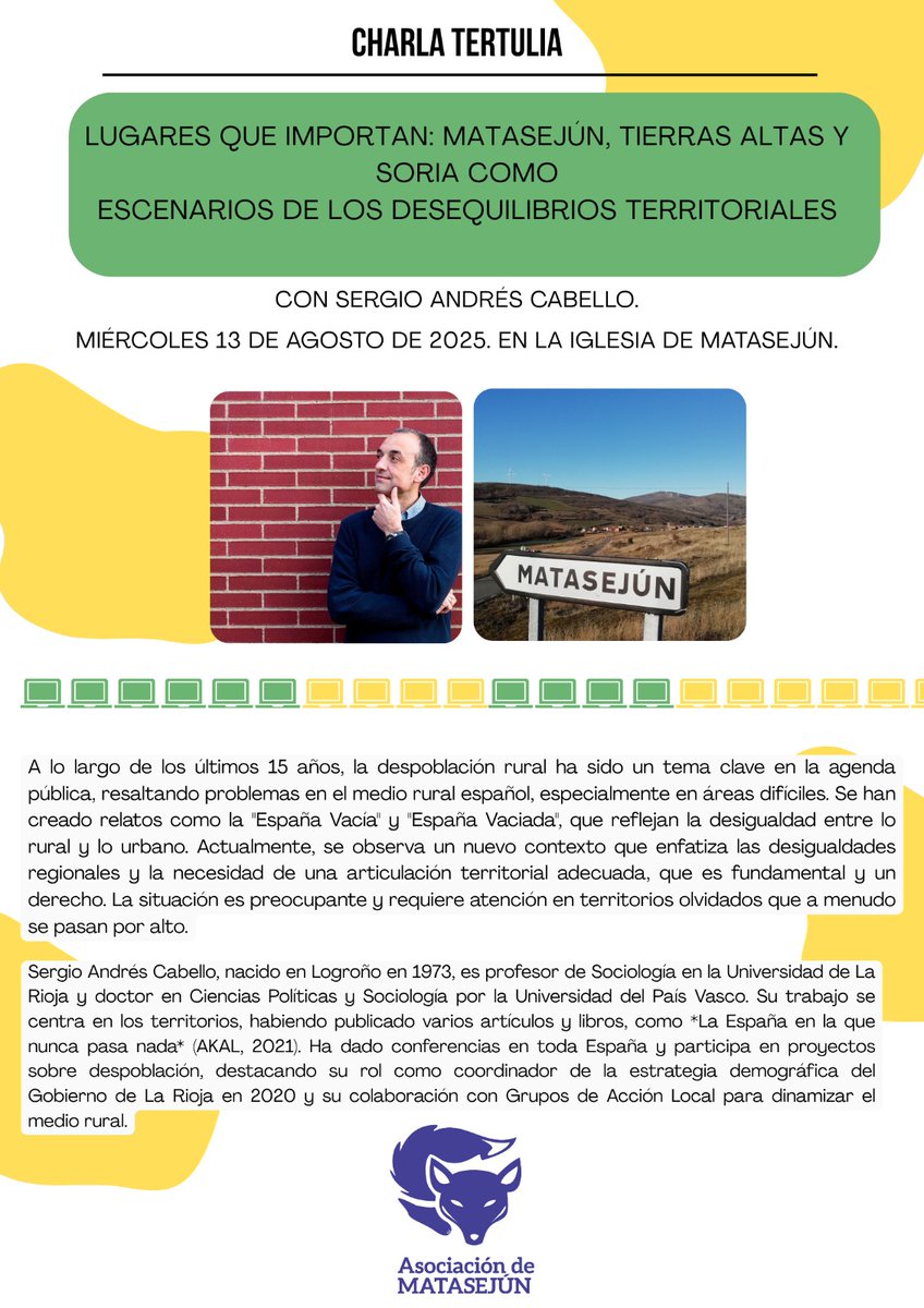 Esta tarde, en Matasejún (Soria), en las "VIII Jornadas Culturales de Matasejún", charla - coloquio sobre despoblación y desequilibrios territoriales. Será a las 20:00 horas en la iglesia de la localidad. Mil gracias por la invitación, <a href="/matasejun/">Asociación de Matasejún</a> 

matasejun.blogspot.com/2025/07/confer…