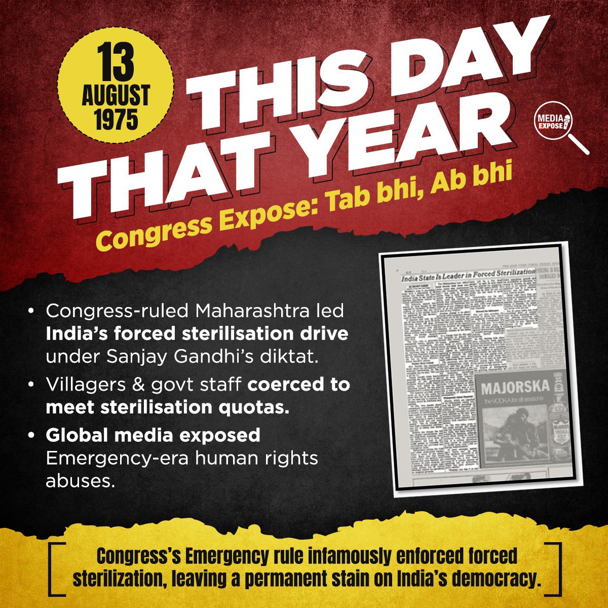 MediaExpose_'s tweet photo. 13 Aug 1975: Congress strangled democracy—jailed opponents, gagged the press & even forced sterilisation under Emergency rule.
Today, the same party cries “Emergency!” when there is none—just because they can’t win elections.
#CongressExpose #ThisDayThatYear https://t.co/6AgIXZUmER