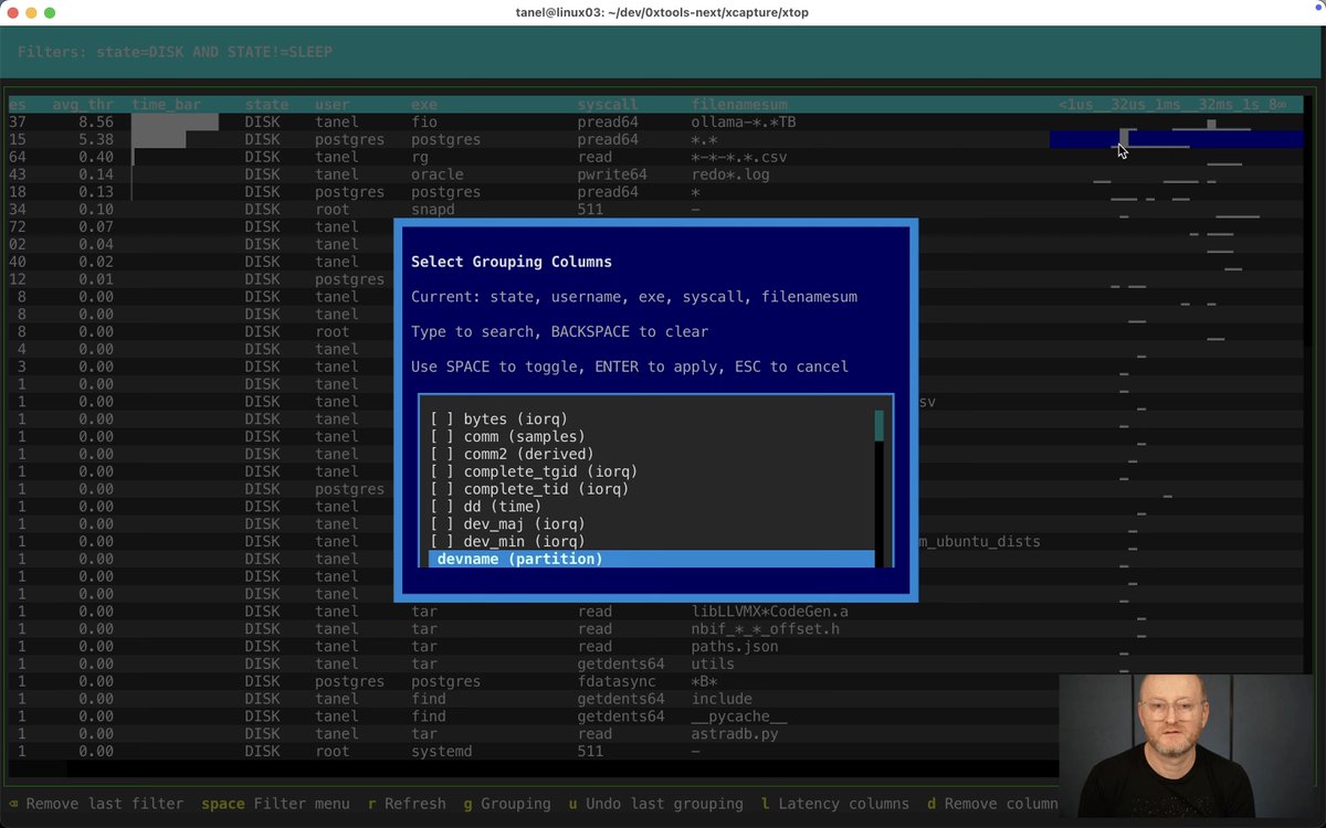 A new tool in 0x.tools family: 

xtop - Top for Wall-Clock Time. It uses eBPF/xcapture v3 and gives you "x-ray vision" into Linux system activity.

It will be available on next Tuesday 19 Aug at 1pm EDT when I also run a live demo webinar!

tanelpoder.com/posts/xtop-top…