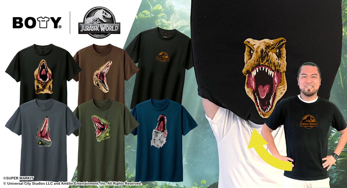 SA_design_works's tweet photo. ロバート秋山氏の体モノマネTシャツ「BOTY」に「ジュラシック」シリーズの人気恐竜デザインが登場✨

表はシンプルなロゴTシャツで普段使いにもぴったり。
もちろん裏は「ジュラシック」シリーズの恐竜デザインで遊び心も満点🦖！

https://t.co/imrYDyPEO6

#BOTY #ジュラシックワールド  #復活の大地 https://t.co/SpcCPK2L5a