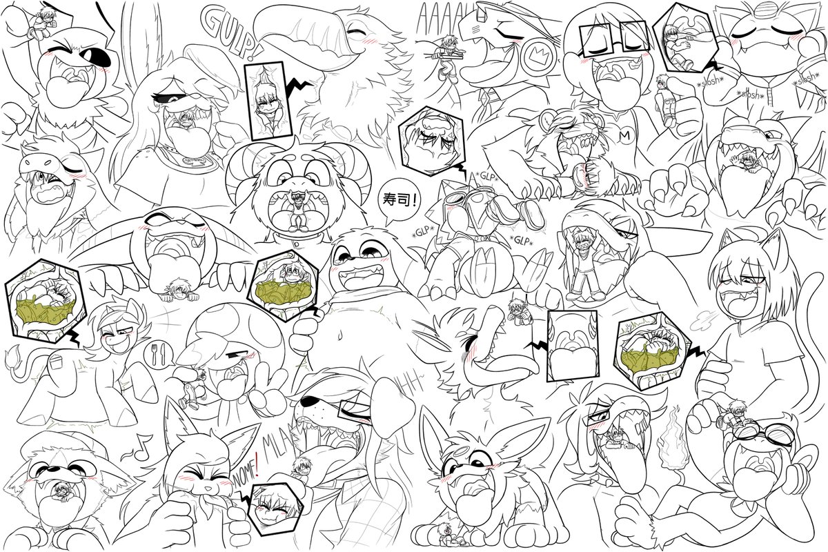 CW: Vore
Super late thing I wanted to post for #voreday, featuring all my buddies who bully me on the regular❤️

Thank you all of you for an amazing year and many many more to come ❤️You all make my day every day 🦈
----
Would love to color all of these at some point 👉👈
