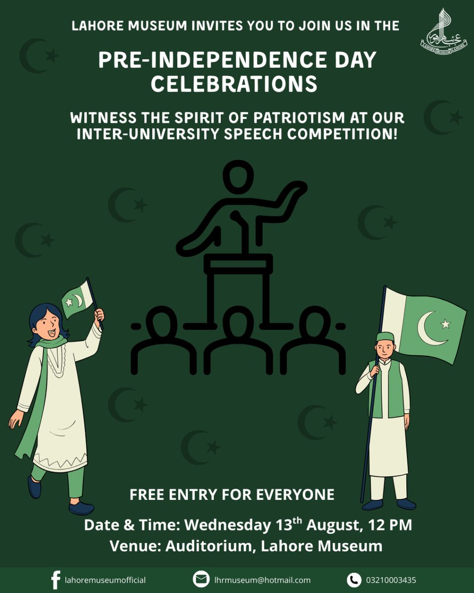 Lahore Museum (@lahoremuseum) on Twitter photo Join us at the Lahore Museum for our Pre-Independence Day Celebrations!
Feel the spirit of patriotism at our Inter-University Speech Competition and cheer for the voices shaping the future.
<a href="/CS_Punjab/">Chief Secretary Punjab</a> <a href="/GovtofPunjabPK/">Government of Punjab</a> <a href="/MaryamNSharif/">Maryam Nawaz Sharif</a> <a href="/Marriyum_A/">Marriyum Aurangzeb</a> <a href="/DgprPunjab/">DGPR Punjab</a> Join us at the Lahore Museum for our Pre-Independence Day Celebrations!
Feel the spirit of patriotism at our Inter-University Speech Competition and cheer for the voices shaping the future.
<a href="/CS_Punjab/">Chief Secretary Punjab</a> <a href="/GovtofPunjabPK/">Government of Punjab</a> <a href="/MaryamNSharif/">Maryam Nawaz Sharif</a> <a href="/Marriyum_A/">Marriyum Aurangzeb</a> <a href="/DgprPunjab/">DGPR Punjab</a>