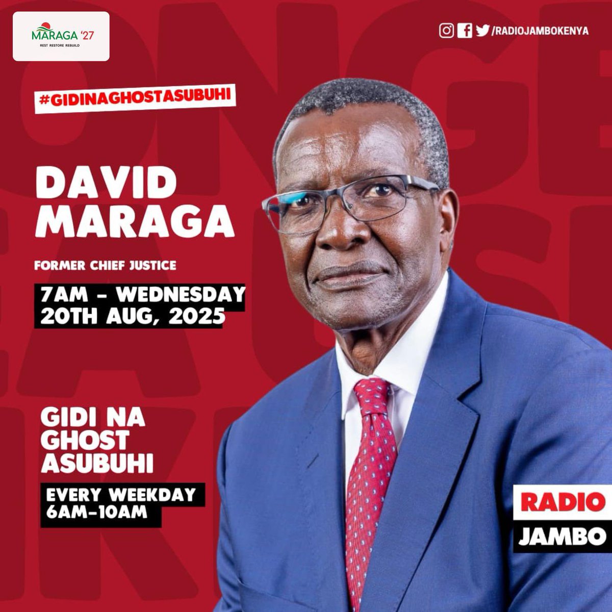 Nyamisa Chelagat (@nyamisa_chela) on Twitter photo Next week Gidi na Ghost wanapatanisha Kenyans na their incoming president <a href="/dkmaraga/">David Maraga</a> 🥳
Make sure you tune in on Wednesday 20th August at 7am!
<a href="/RadioJamboKenya/">Radio Jambo</a> Next week Gidi na Ghost wanapatanisha Kenyans na their incoming president <a href="/dkmaraga/">David Maraga</a> 🥳
Make sure you tune in on Wednesday 20th August at 7am!
<a href="/RadioJamboKenya/">Radio Jambo</a>