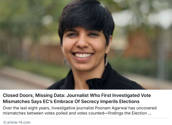 Article 14 (@article14live) on Twitter photo “This insistence on not sharing votes polled data… Why can’t you share it? What is the logic? Just make it public”
In 2018, 2019 & 2024, <a href="/poonamjourno/">Poonam Agarwal</a> found more votes than voters in <a href="/ECISVEEP/">Election Commission of India</a> data, She tells <a href="/kunalpurohit/">Kunal Purohit</a>, #India’s electoral integrity is at risk “This insistence on not sharing votes polled data… Why can’t you share it? What is the logic? Just make it public”
In 2018, 2019 & 2024, <a href="/poonamjourno/">Poonam Agarwal</a> found more votes than voters in <a href="/ECISVEEP/">Election Commission of India</a> data, She tells <a href="/kunalpurohit/">Kunal Purohit</a>, #India’s electoral integrity is at risk