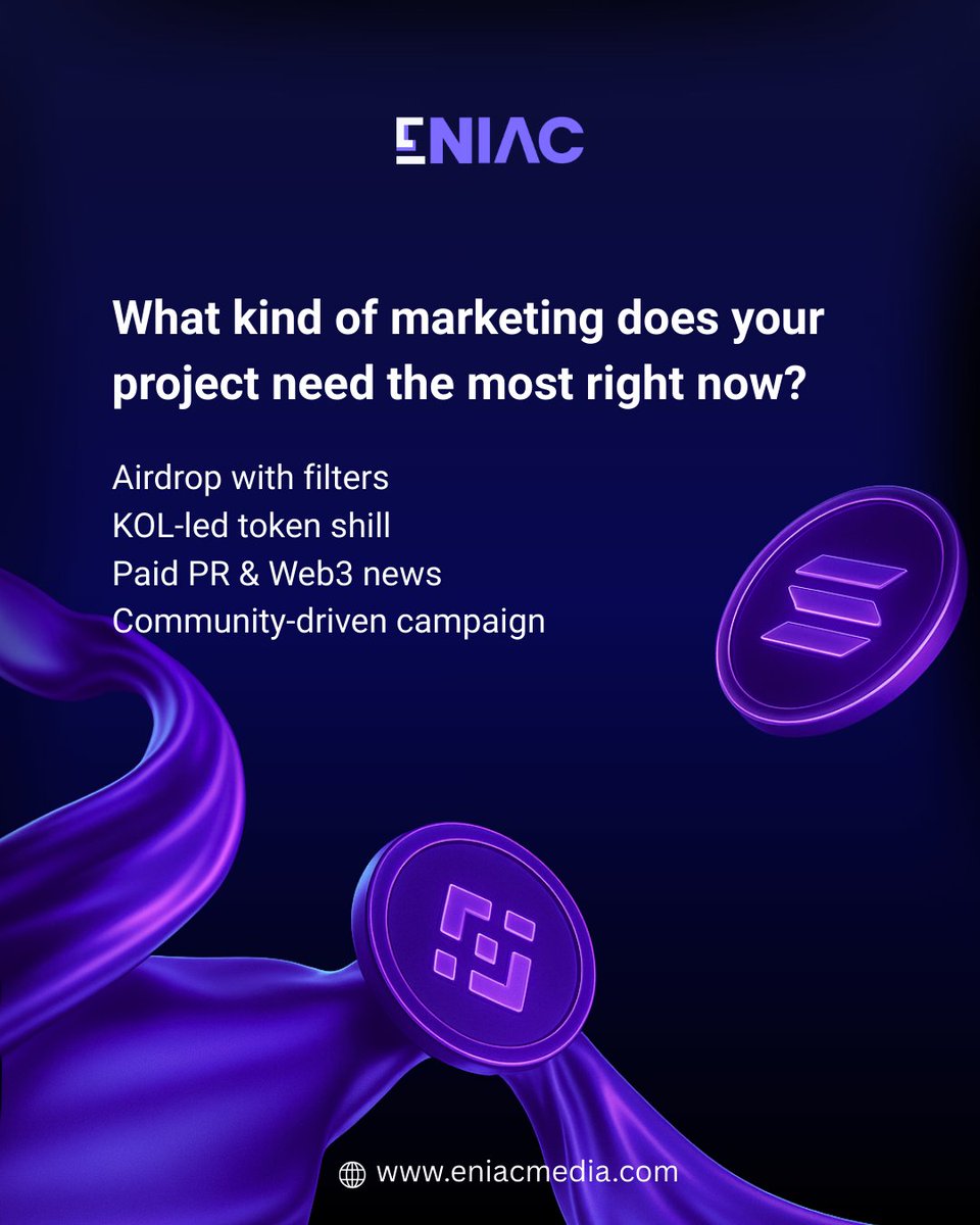🚀 Your Web3 project deserves marketing that actually works.

🌐 eniacmedia.com

#Web3Marketing #CryptoGrowth #BlockchainBuzz #CryptoCampaign #ENIACMedia #TokenMarketing #AirdropCampaign #CryptoCommunity