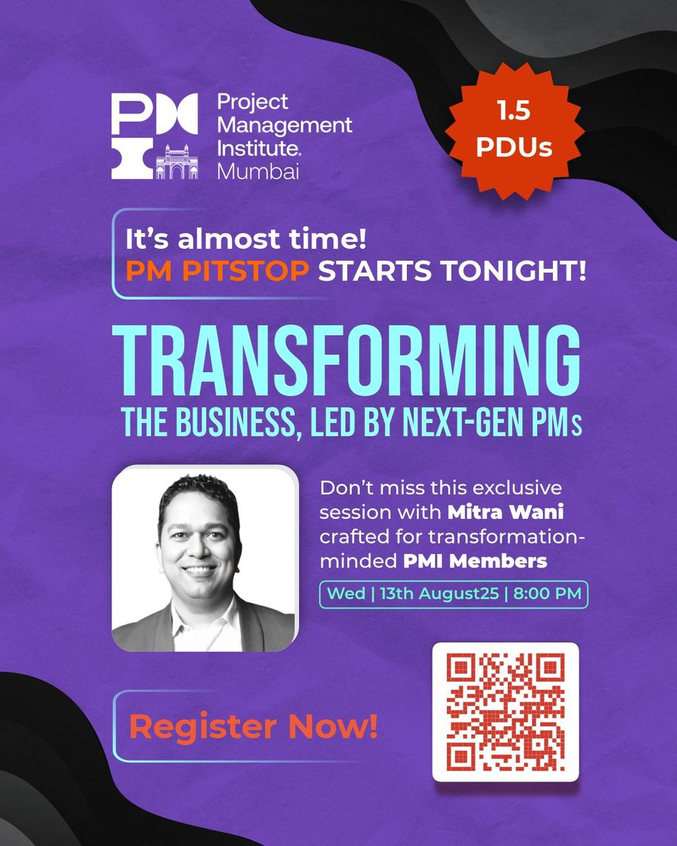 The countdown is officially on! 🚀 Join Mr. Mitra Wani, PMP, at #PITSTOP today (8:00 PM IST) to lead the change.

Register now! 👉 shorturl.at/WLian

#NextGenPM #ProjectManagement #PMIMumbaiChapter #Transformation #Leadership #OnlineSession