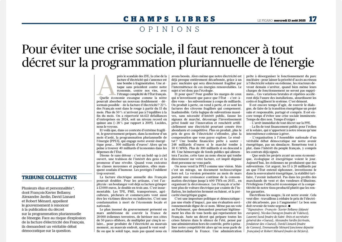 David Angevin (@davidangevin) on Twitter photo ⚠️300 MILLIARDS € pour recouvrir la France et ses facades maritimes d'éoliennes. Le décret fou et pseudo écolo de Macron (#ppe3) qui va doubler le prix de l'électricité.
Il faut partager cette tribune de <a href="/davidlisnard/">David Lisnard</a> & co pour empêcher cette folie.
#éolien #énergie ⚠️300 MILLIARDS € pour recouvrir la France et ses facades maritimes d'éoliennes. Le décret fou et pseudo écolo de Macron (#ppe3) qui va doubler le prix de l'électricité.
Il faut partager cette tribune de <a href="/davidlisnard/">David Lisnard</a> & co pour empêcher cette folie.
#éolien #énergie