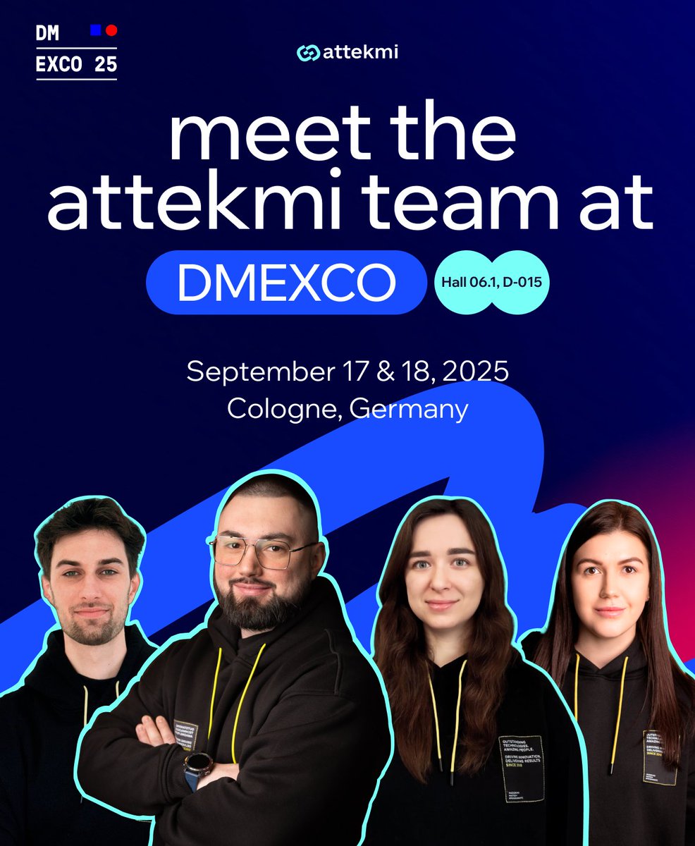 Get ready to meet Attekmi’s experts at @DMEXCO 2025:

<a href="/RomanVrublivski/">Roman Vrublivskyi</a>, our CEO
<a href="/lenachudinovych/">olena_chudinovych</a>, our CPO
<a href="/ihor_bazeliuk/">Ihor Bazeliuk</a>, our BDM
Iryna Kozirevych, the Marketing Team Lead

Schedule your meeting: meetings-eu1.hubspot.com/ihor-bazeliuk/…
