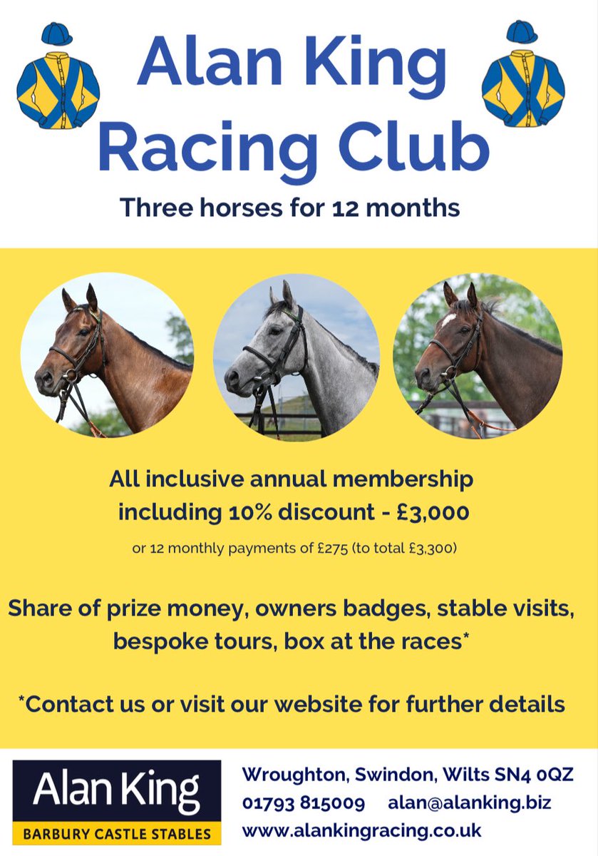NickBrownRacing's tweet image. Alan King Racing Club - Three horses - 12 months - both codes. An exclusive Club with just 36 members. Enjoy your sport with a legendary trainer and enjoy one of the finest yards in the country! Race Days - visits, Club days out. Unbelievable value! alankingracing.co.uk/racing-club/