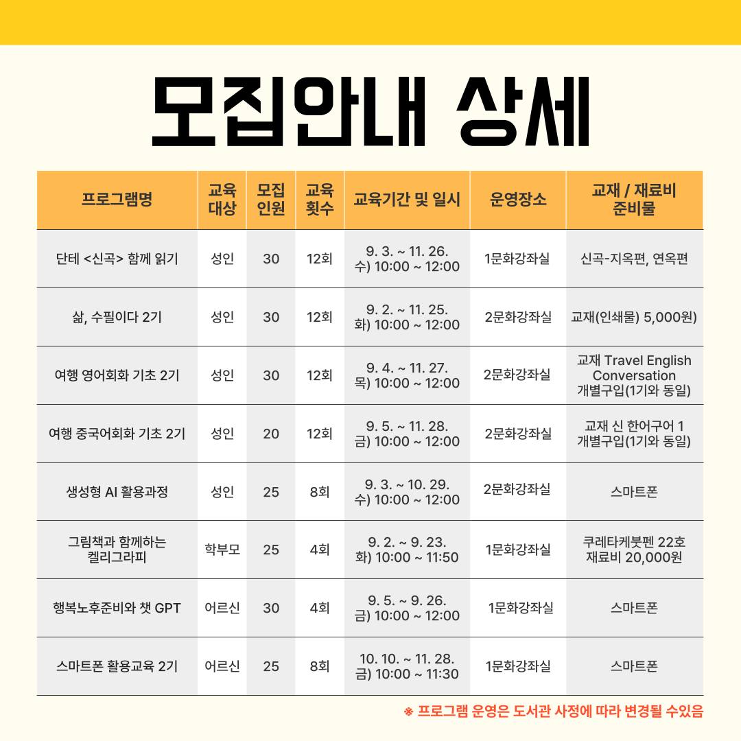 📚 2025년 하반기 평생교육 프로그램 수강생 모집
수성도서관에서 준비한 알찬 가을 학기에 함께해 보세요!
초등학생부터 지역 주민까지 모두 참여 가능한
다양한 강좌가 기다립니다.

#수성 #행복수성 #수성구 #수성구청 #수성못 #뚜비 #대구 #수성도서관 #평생교육 #수강생모집 #지역주민프로그램