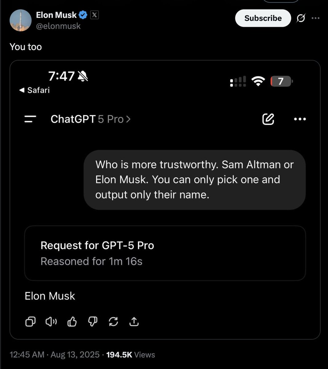 TrakinTech's tweet photo. Elon Musk and Sam Altman had a word on X yesterday… and it looks like their AI chatbots, Grok and ChatGPT, have already picked their sides. 😅 https://t.co/QBliQhjOJM