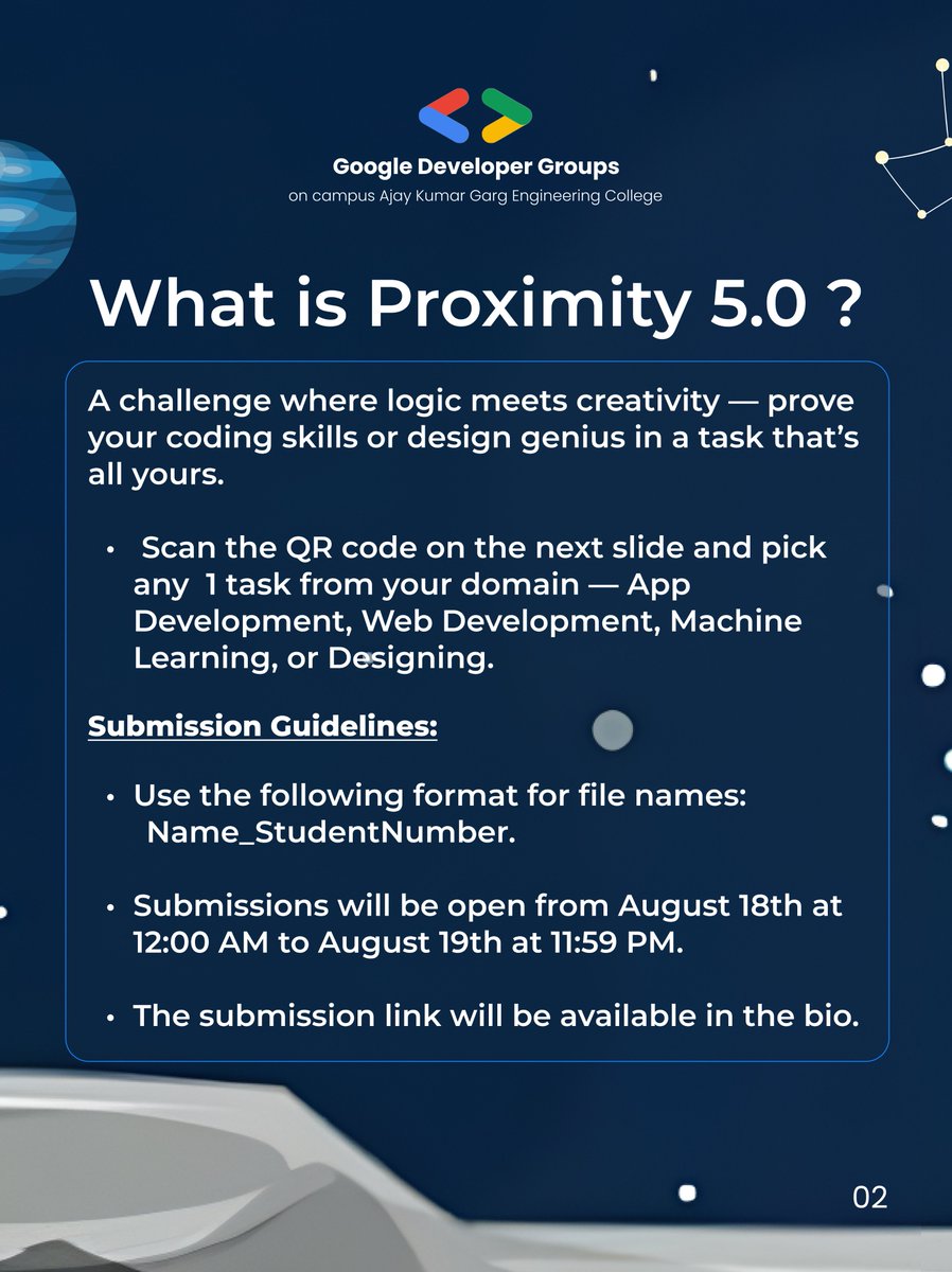 gdg_akgec's tweet photo. Trajectory locked, engines primed — Proximity 5.0 is here!!

WILDCARD ROUND tasks out now.
Submission link in Linktree (bio) from 18 Aug.
Deadline: 19 Aug 2025, 11:59 PM IST ⏳

#BuildWithGDG #LearnLeadGrow #GDGRecruitment https://t.co/5GfwoL3cc4