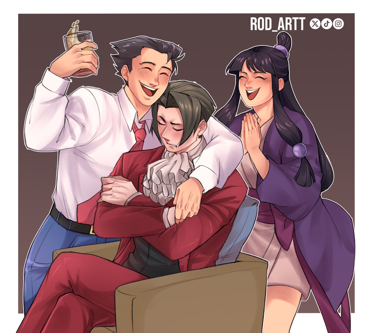 Rod_artt's tweet image. the family celebrating! 

.
#AceAttorney #milesedgeworth #phoenixwright #mayafey #narumitsu