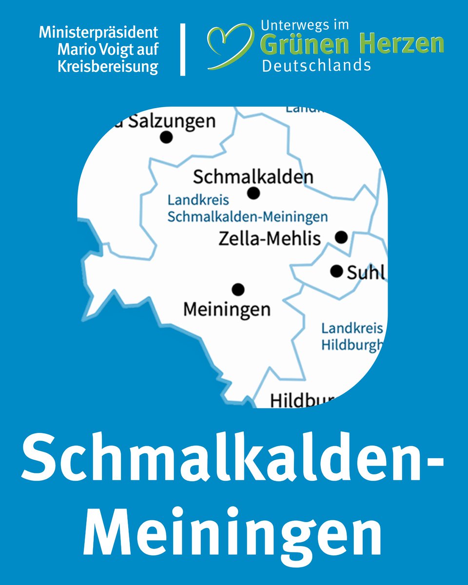 Unterwegs im Grünen Herzen Deutschlands – heute in Schmalkalden-Meiningen 💚

Ministerpräsident <a href="/mariovoigt/">Mario Voigt</a> ist heute im Landkreis Schmalkalden-Meiningen unterwegs. Auf dem Programm: Gespräche mit Bürgermeisterinnen und Bürgermeistern, Besuche bei innovativen Unternehmen und