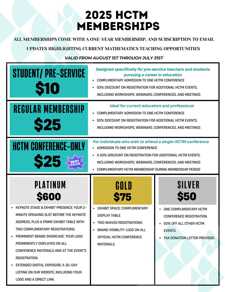Here is our 2025-2026 membership fee structure. Go to the Membership page on our website (HCTM.org) to register. Mahalo for supporting us to help math educators!