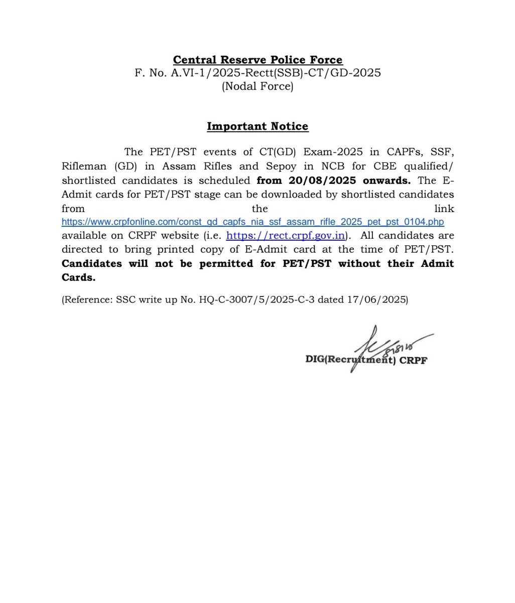 SSCorg__in's tweet image. Important Notice - Conduct of PST/PET in Constable (GD) in Central Armed Police Forces (CAPFs) and SSF, Rifleman (GD) in Assam Rifles, and Sepoy in Narcotics Control Bureau Examination, 2025