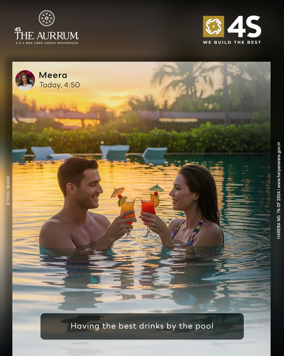 4s_developers's tweet photo. Bask in the golden hour by the pool, glass in hand, and let every sip remind you that life’s most exquisite moments are meant to be savoured.

#4SDevelopers #FinestMoments #4STheAurrum #Gurugram #RealEstate https://t.co/BIIvbaPS4B