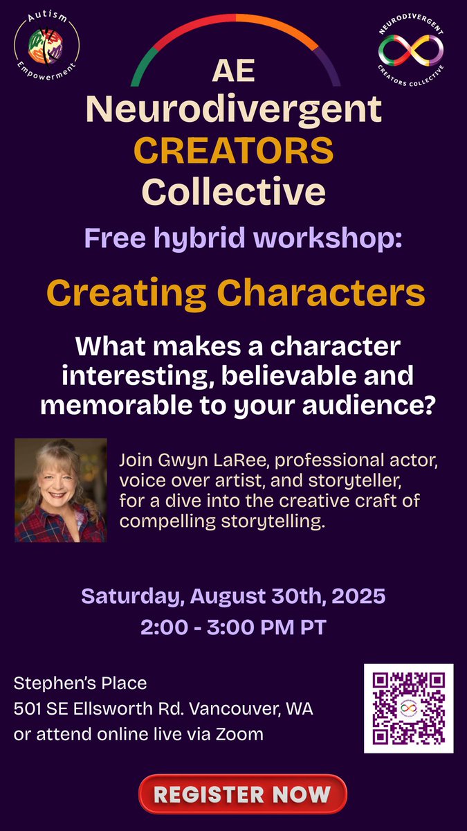 Free  Workshop: Creating Characters
Sat, Aug 30 • 2–3 PM PT

Join actor &amp; storyteller Gwyn LaRee to learn how to create characters that are interesting, believable &amp; unforgettable.
🔗 Register: zeffy.com/en-US/ticketin…

#Storytelling #NeurodivergentCreators #AE_NCC