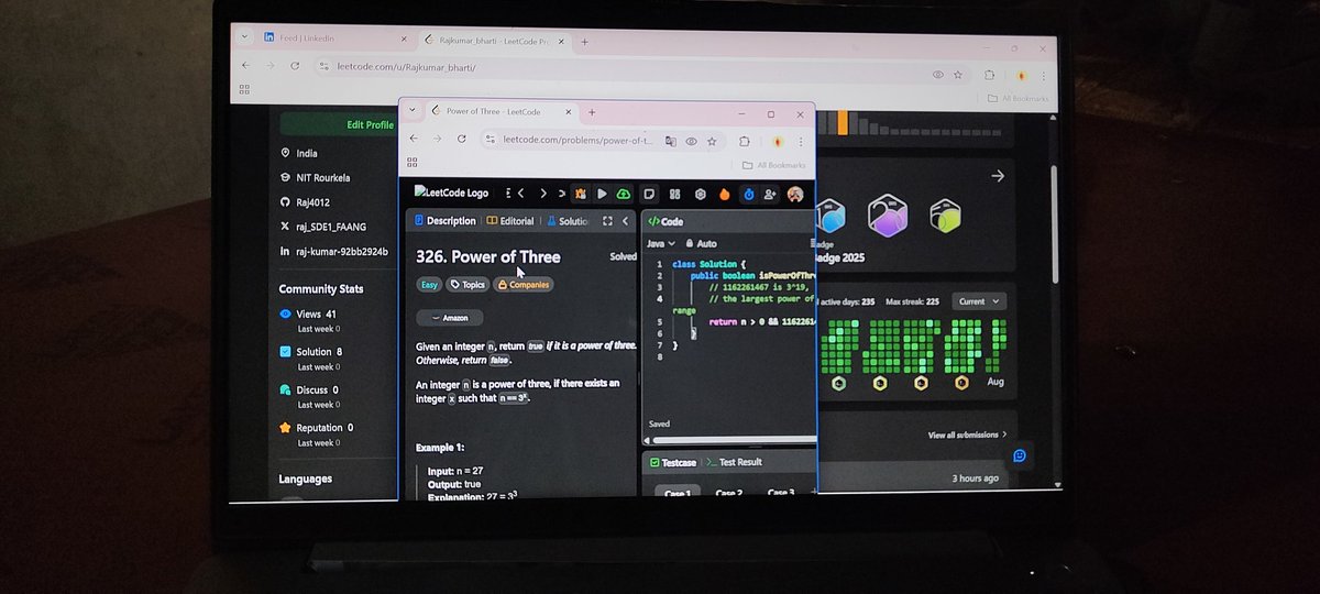 raj_SDE1_FAANG's tweet image. Day 225/360 of DSA challenge 🧑‍💻.  Today I solved 1 DSA Questions on
@LeetCode
1). Power of Three
  #DSA #LeetCode #datastructures #LeetCode #FAANG