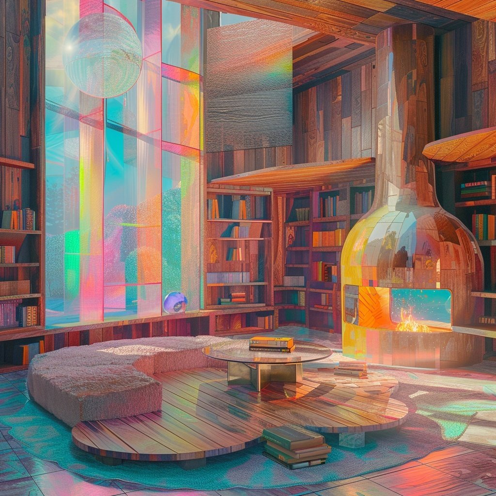 Runtelart's tweet photo. --From yesterday's work there is a series of peacefulness of a few different reflections.

--hope you like🫰

 #aiart #cozycabin #stainedglassart #colorfulinterior  #warmandcozy https://t.co/5GzrIPDWhU