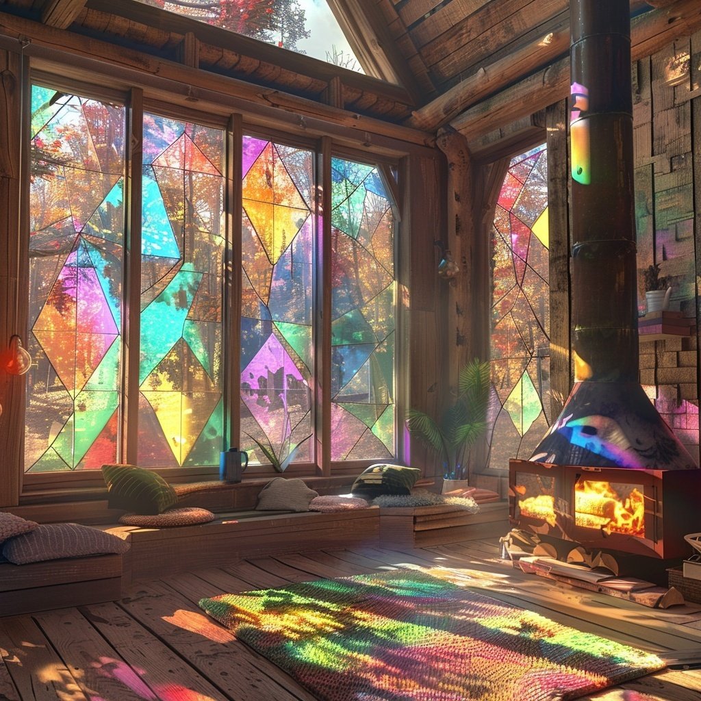 Runtelart's tweet photo. --From yesterday's work there is a series of peacefulness of a few different reflections.

--hope you like🫰

 #aiart #cozycabin #stainedglassart #colorfulinterior  #warmandcozy https://t.co/5GzrIPDWhU