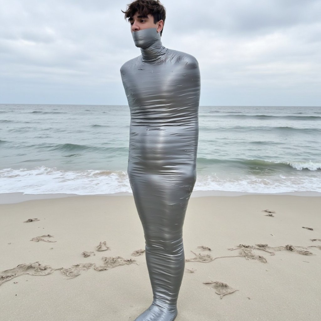 springBn18's tweet photo. Bryce was enjoying his day at the beach wearing his new latex suit. However, after an unexpected blow to the head, he wakes up mummified in the middle of the lonely beach. Surely his captor is nearby, enjoying watching Bryce struggling. ���️ https://t.co/8DsvNDuEqo