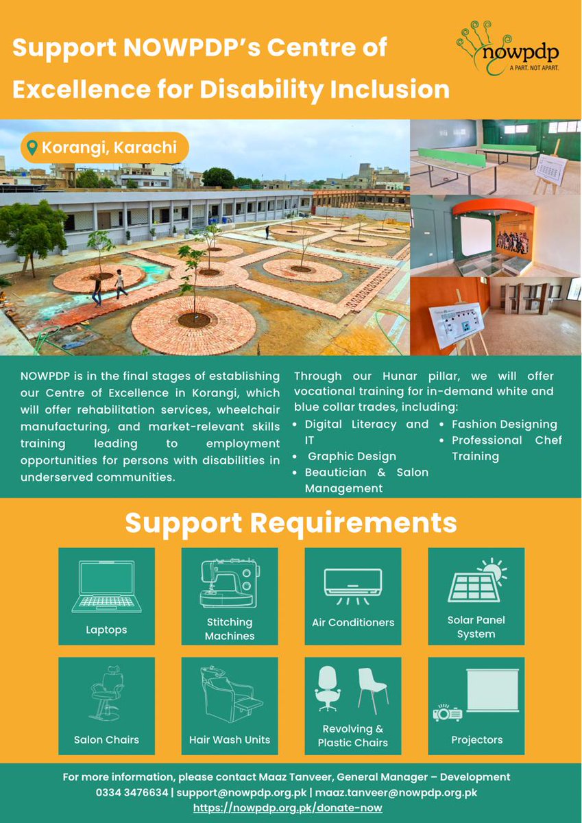 We’re setting up a one of a kind Centre of Excellence for Disability Inclusion in Korangi, Karachi — impacting 60,000+ lives in 5 yrs!
The hub includes:
♿ Wheelchair unit (5K+/yr)
🧵 Textile unit for women w/ disabilities
🎓 20+ vocational trades

 #Inclusion <a href="/nowpdp/">NOWPDP</a>