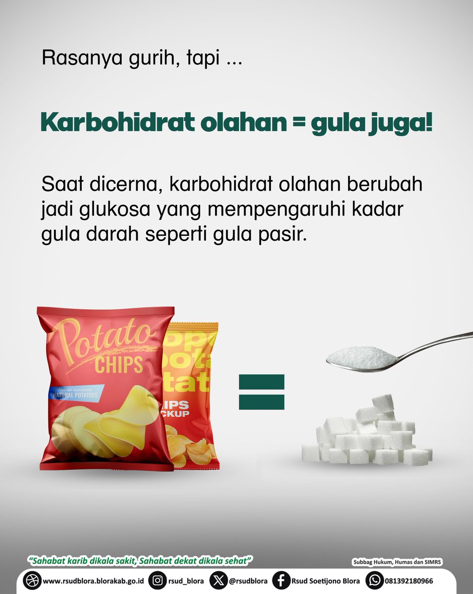 RSUDBlora's tweet photo. Manis, asin, dan gurih seringkali jadi “jebakan” camilan yang enggak kita sadari. Rasanya memang bikin nagih, tapi tahukah kamu kalau banyak makanan ultra-processed yang gurih dan asin itu ternyata punya kandungan karbohidrat olahan yang tinggi? https://t.co/tYELuPI8Of