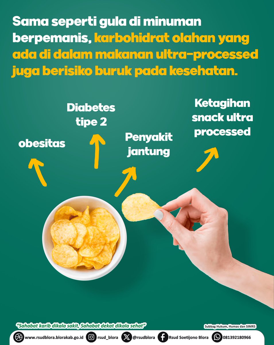RSUDBlora's tweet photo. Manis, asin, dan gurih seringkali jadi “jebakan” camilan yang enggak kita sadari. Rasanya memang bikin nagih, tapi tahukah kamu kalau banyak makanan ultra-processed yang gurih dan asin itu ternyata punya kandungan karbohidrat olahan yang tinggi? https://t.co/tYELuPI8Of