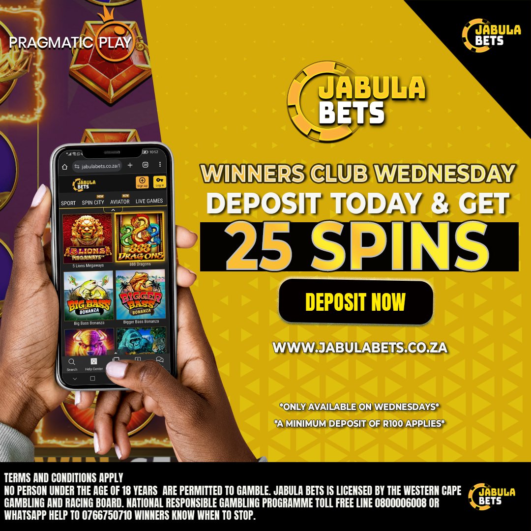 WINNERS CLUB WEDNESDAY🏅
Join the winners club! Deposit R100 or more every Wednesday and get 25 spins to bet on selected pragmatic games
Deposit now!
Ts&amp;Cs Apply
jabulabets.co.za
+18 | Winners Know When To Stop | NRGP 0800 006 008
#winnersclubwednesday, #JBcasino,