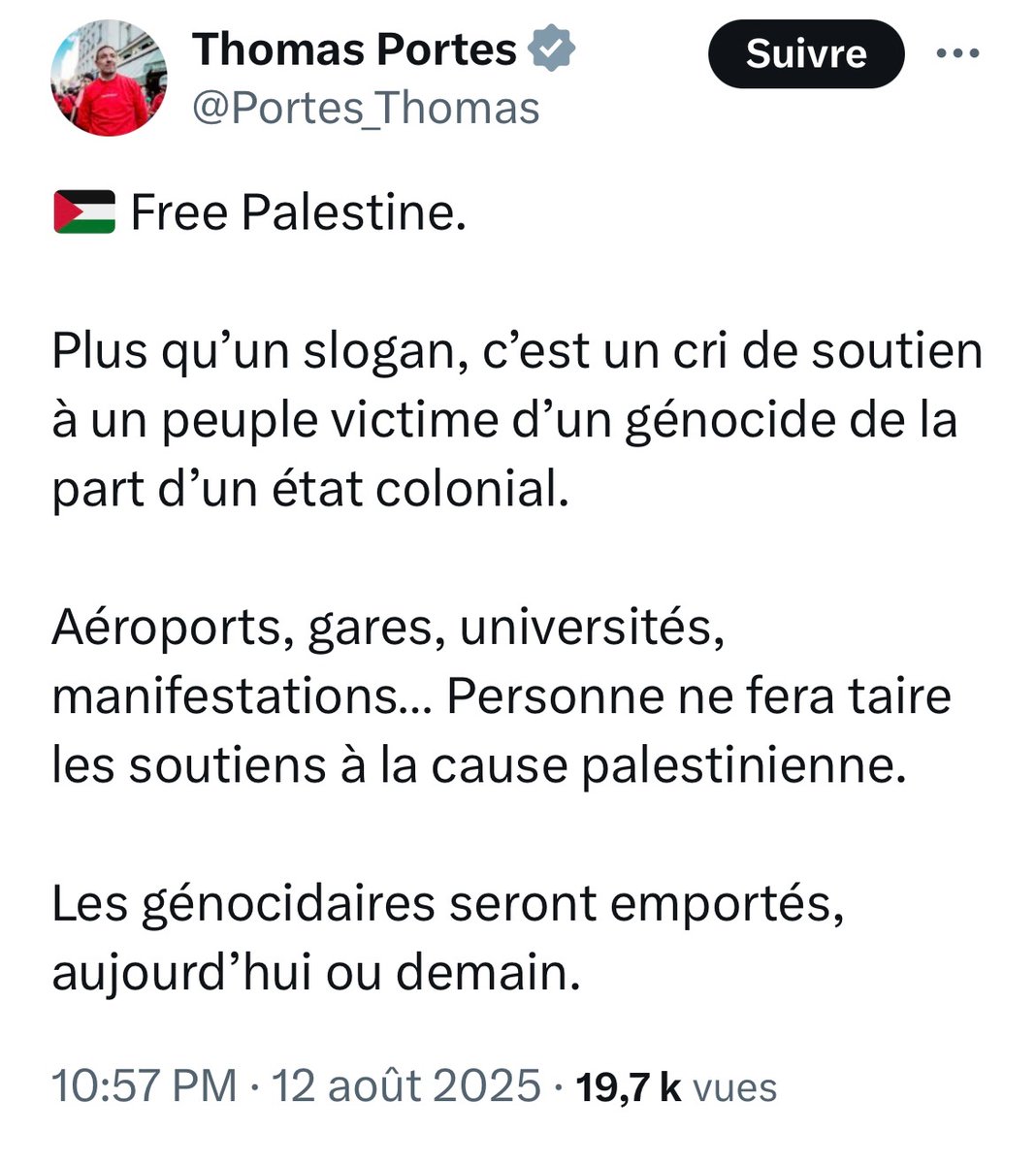 THOMAS PORTES FRANCHI LA LIGNE ROUGE.
Son tweet constitue une incitation à la haine et au passage à l’acte.
(article 24 de la loi du 29 juillet 1881) 
Notre patience à des limites il serait temps que la justice fasse son travail. 
<a href="/BrunoRetailleau/">Bruno Retailleau</a> <a href="/GDarmanin/">Gérald DARMANIN</a> 
#JugezPortes