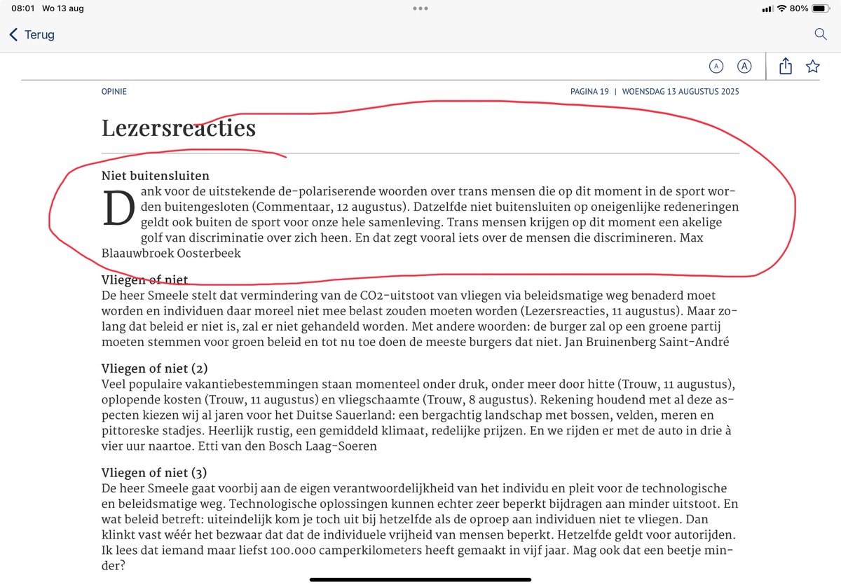 sljvalk's tweet photo. @DrMariekedOuden @trouw En vandaag ook weer een ingezonden brief die de redactie dankt voor het standpunt want ‘transmensen worden vreselijk gediscrimineerd’. Vrouwen buitensluiten is geen discriminatie toch? Met je oneigenlijke redeneringen. https://t.co/jQpnTtsAvP